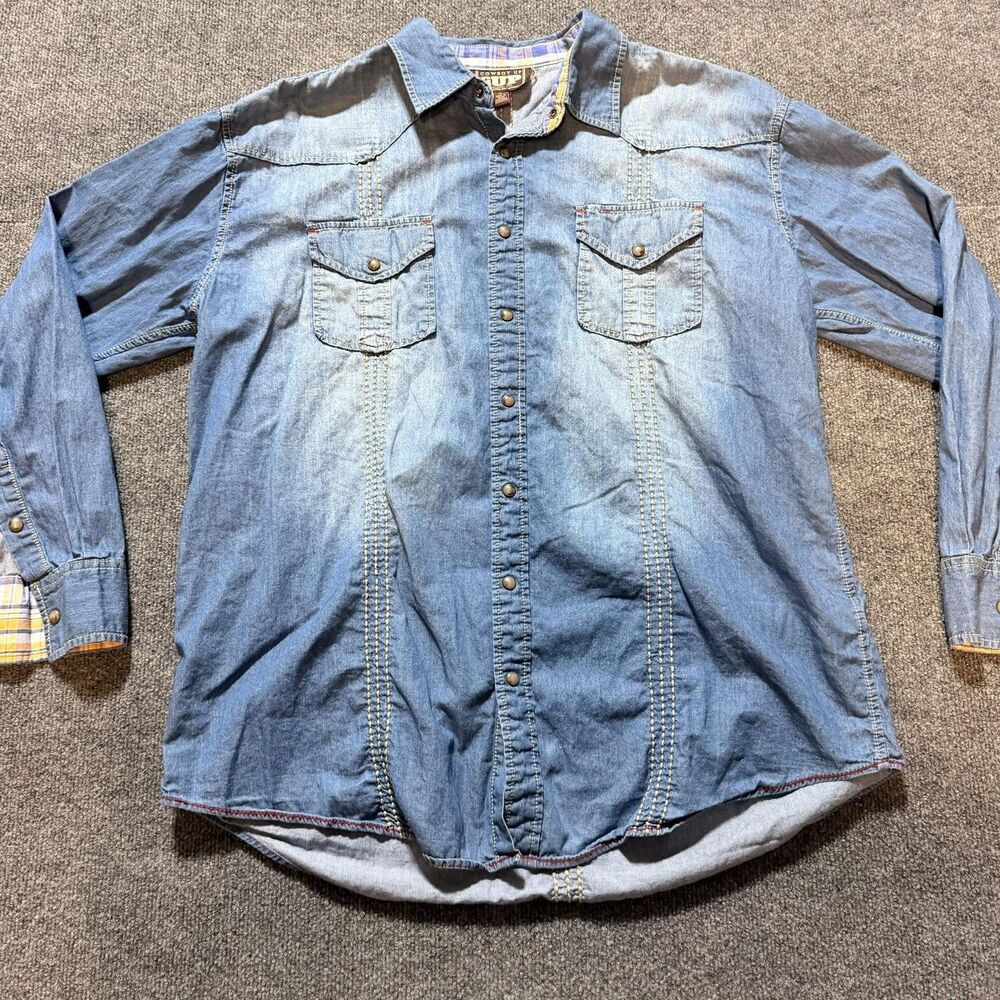 Cowboy Up Shirt Mens XL Blue Denim Long Sleeve Western Snap Button Classic Fit